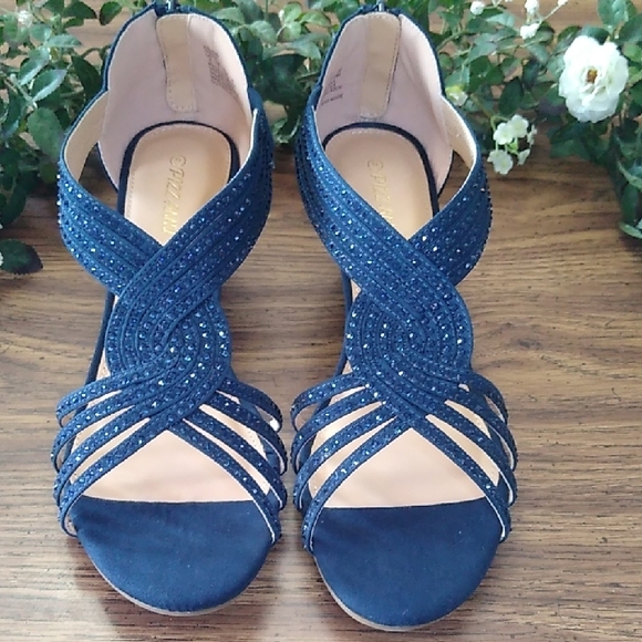Anna Blue Rhinestone Sandals with Wedge Heel - Picture 3 of 11